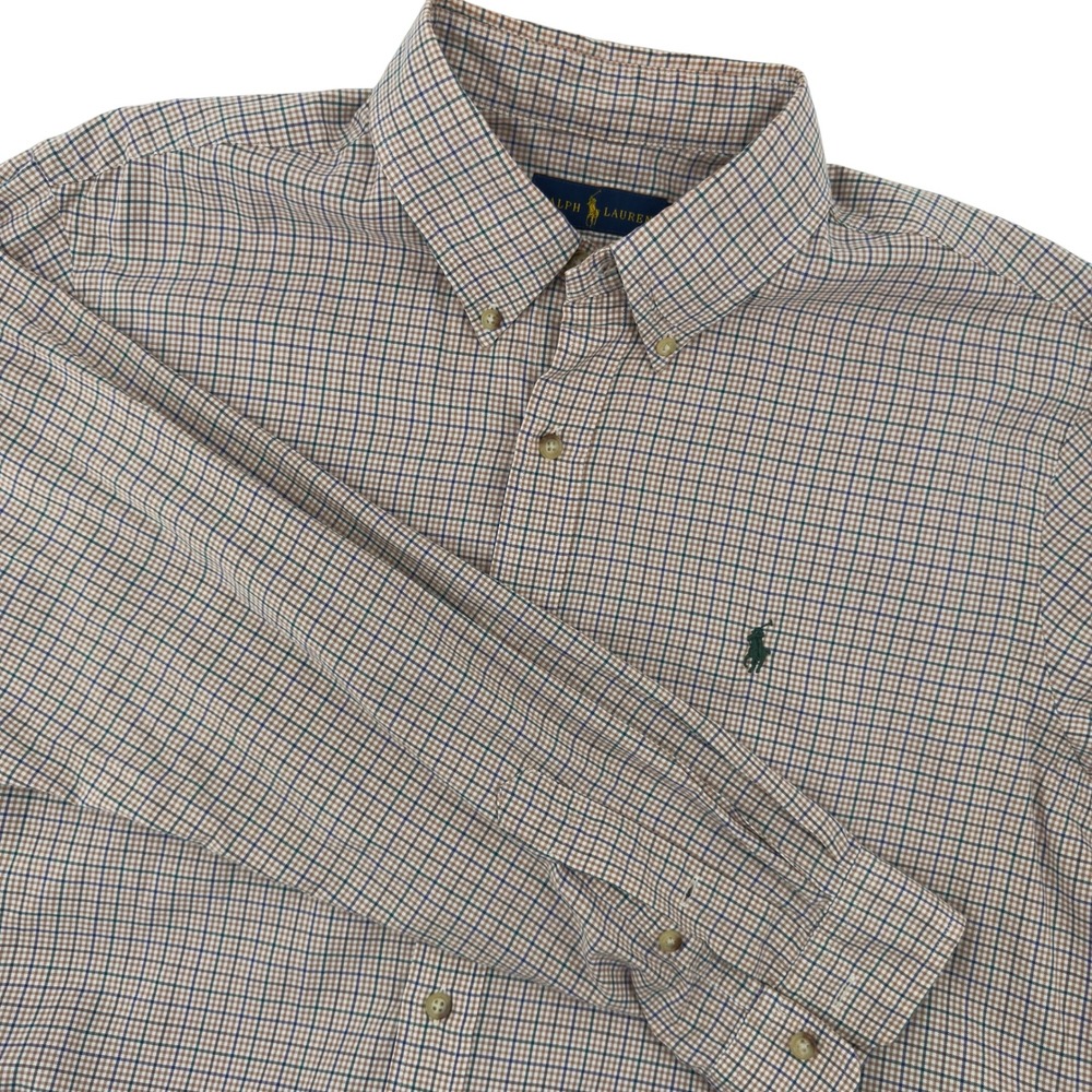 Ralph Lauren Mens XL Tan Green Plaid Cotton Button Down Long Sleeve Shirt